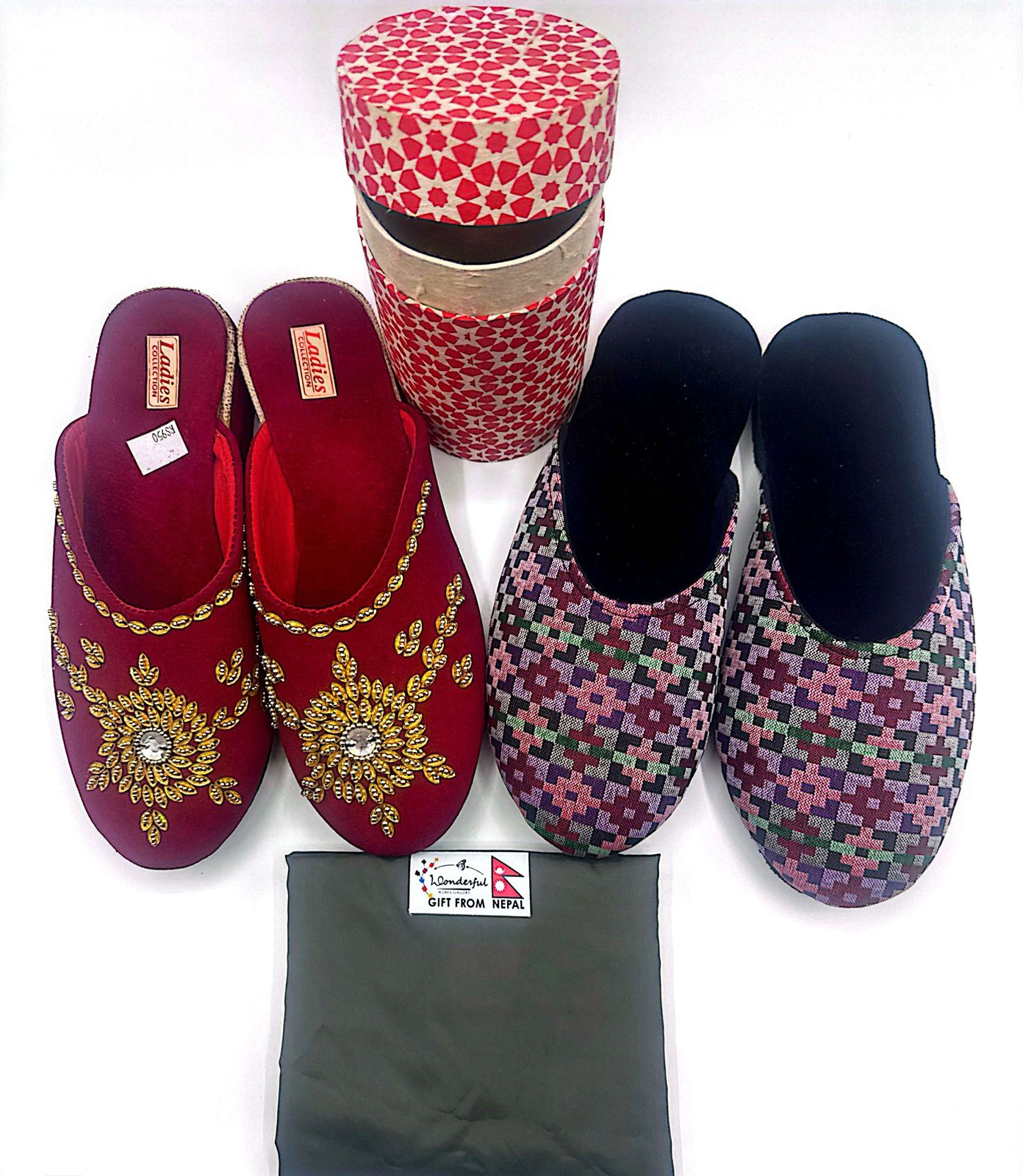 Dhaka Slipper,Embroidery Round Paper Box and Shopping Bag